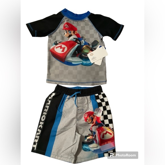 Boys Mario Kart Rash Guard and Swim Trunks Set